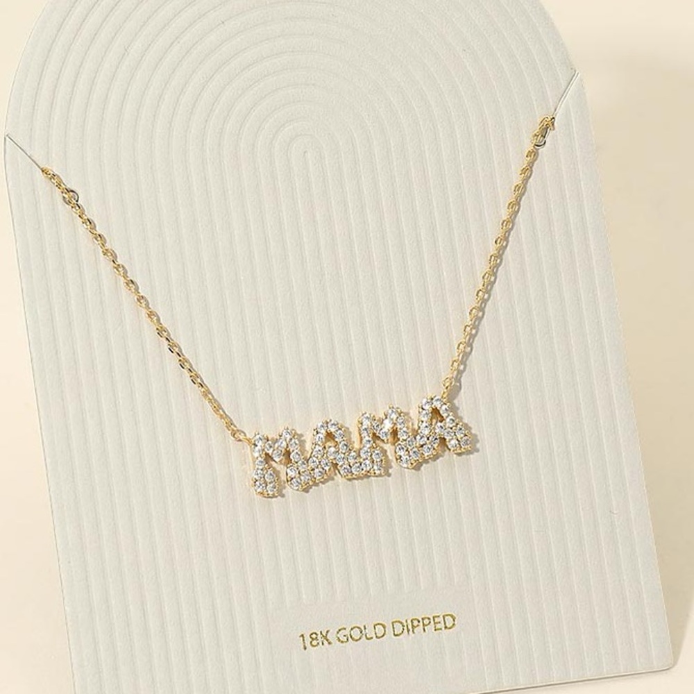 18K Gold Dipped Stone Pave MAMA Plate Pendant Necklace